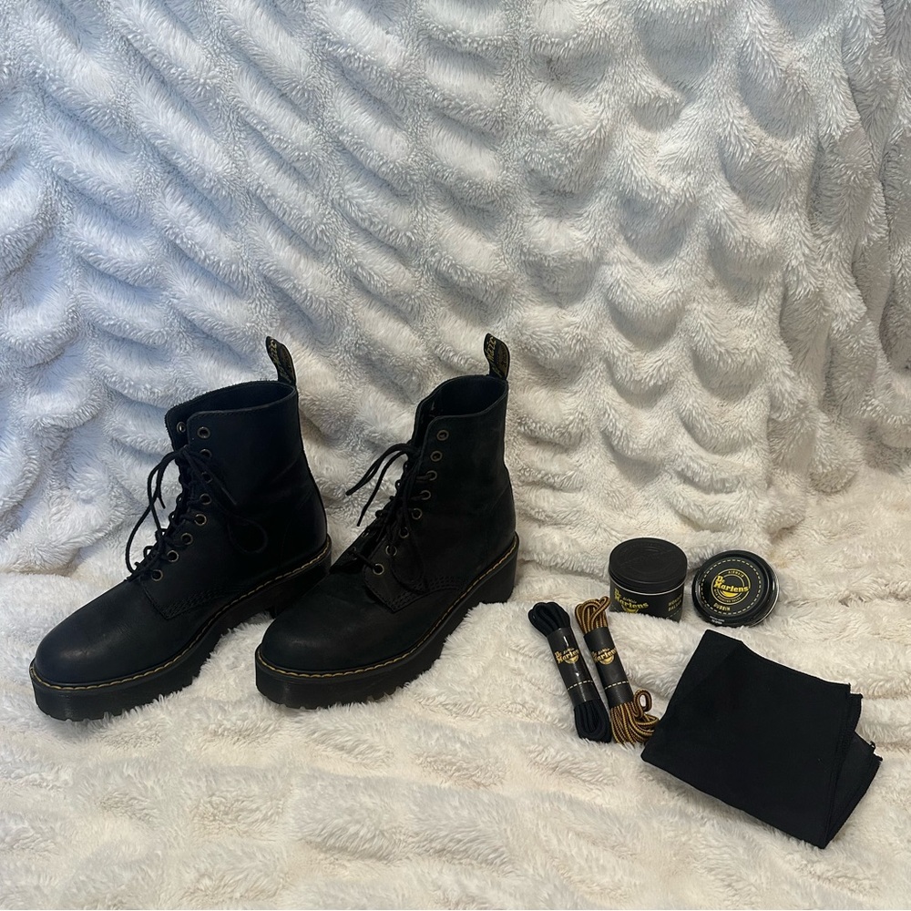 Dr. Martens Shriver Hi Platform Boots Black Leather Size 8 + Care Kit & Laces